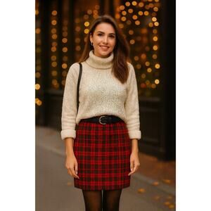Red Tartan Check Mini Skirt | Holiday Edit | Boston Proper Fall Winter Look  EUC
